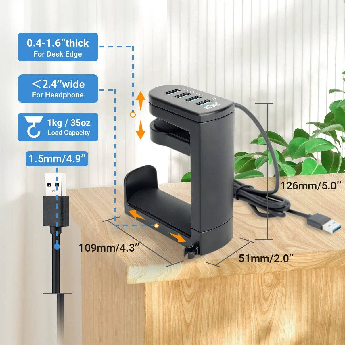 Headphone Stand with 4 USB Port 360° Rotating Clamp