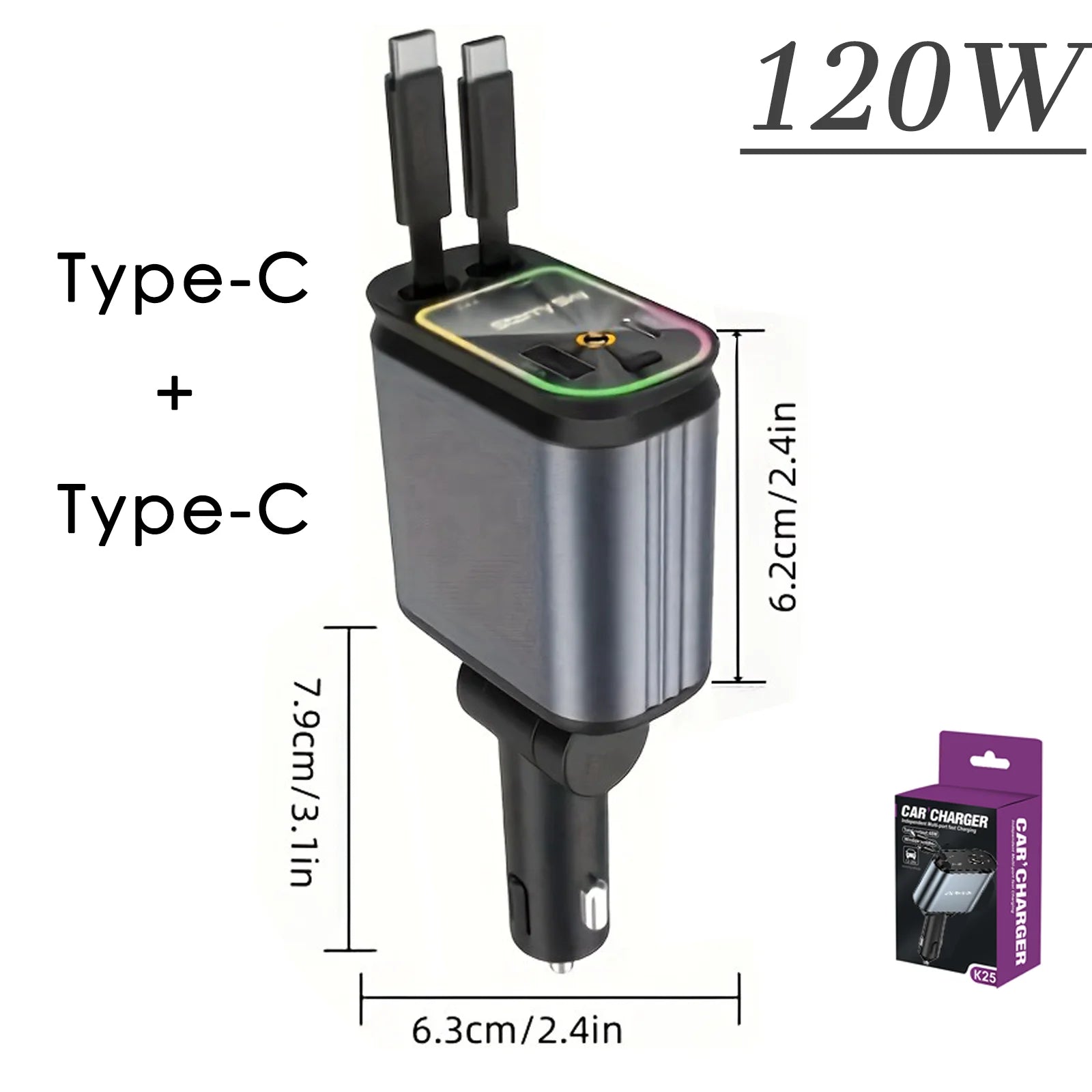 Car Retractable 4 in 1 Fast Charger With Roof Lighting