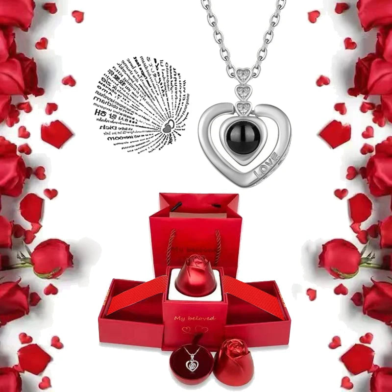 100 Languages I Love You Pendant Necklace With Rose Gifts Box