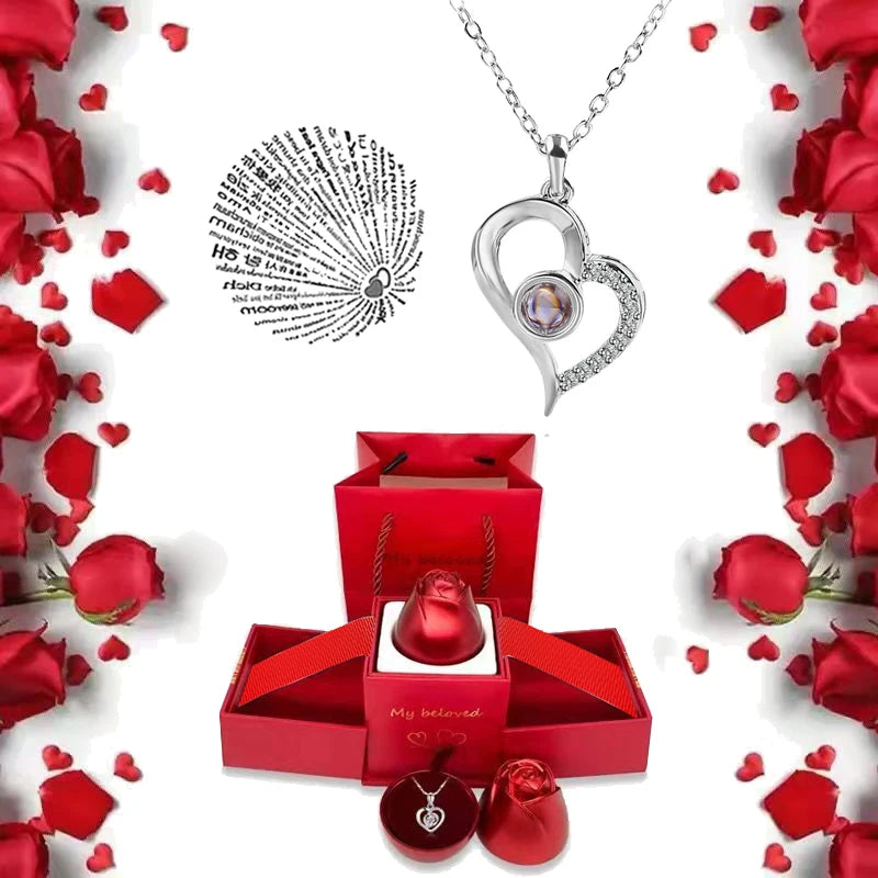 100 Languages I Love You Pendant Necklace With Rose Gifts Box