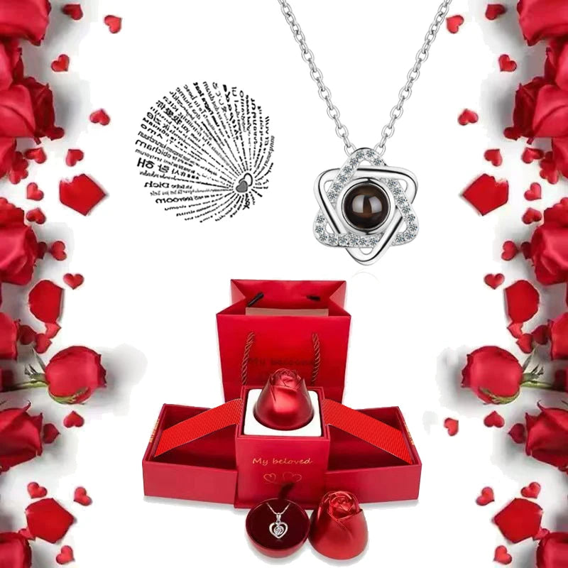 100 Languages I Love You Pendant Necklace With Rose Gifts Box