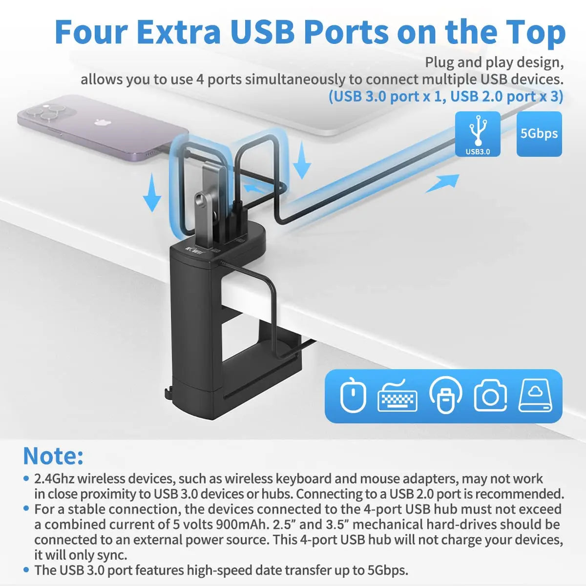 Headphone Stand with 4 USB Port 360° Rotating Clamp