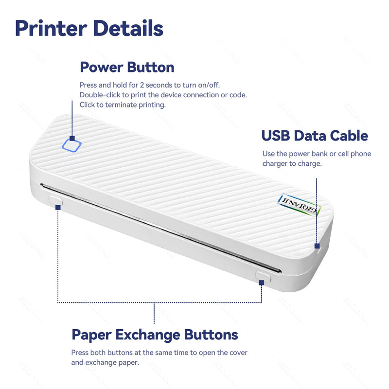 Portable Inkless Bluetooth A4 Thermal Printer