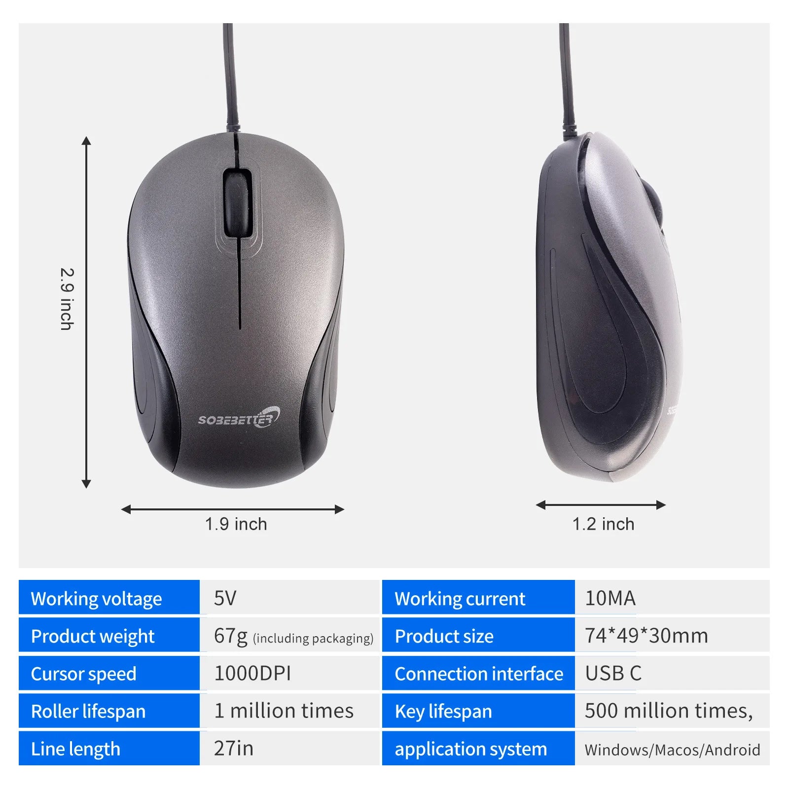 Portable USB Type C Retractable Mouse