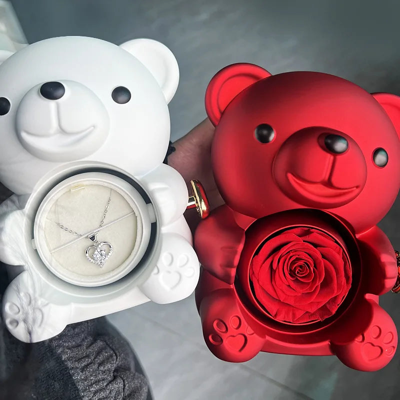 Rose Hugging Bear Gift Box With Necklace