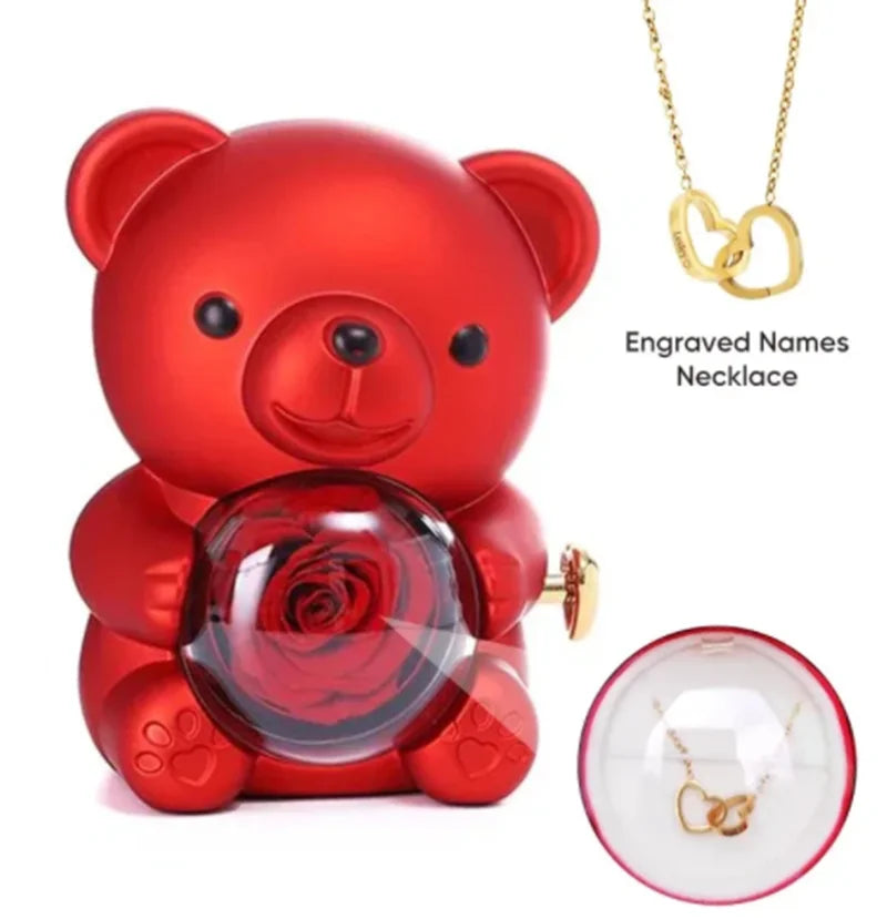 Rose Hugging Bear Gift Box With Necklace